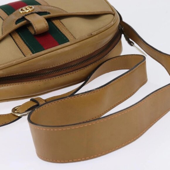 GUCCI Web Sherry Line Shoulder Bag Canvas Leather Beige Gold Auth BA5901 - Picture 8 of 16